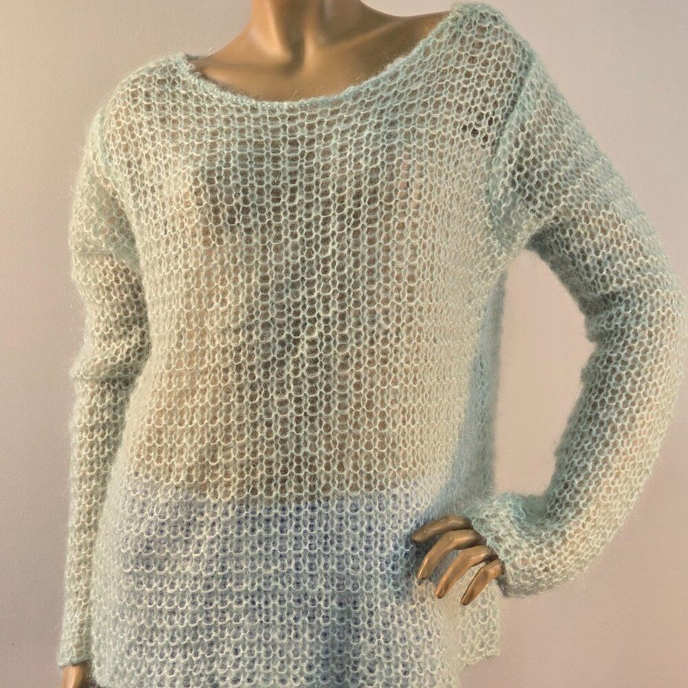 Mohair Blend Loose Knit Sweater Womens Sz L Pastel Fisherman Teal Boho Y2K
